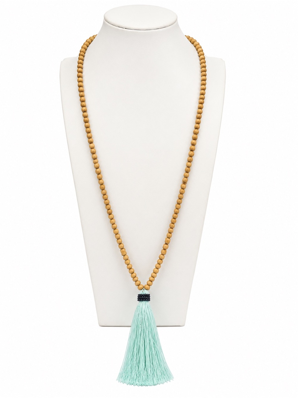 J. Crew Tan Wood Beaded Boho‎ Necklace with Mint Tassel Pendant NWT
